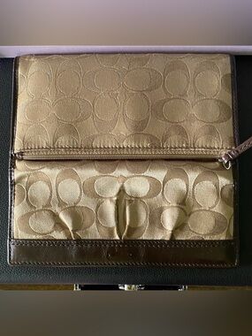 Coach Gold Signature Canvas Wallet with Brown Trim